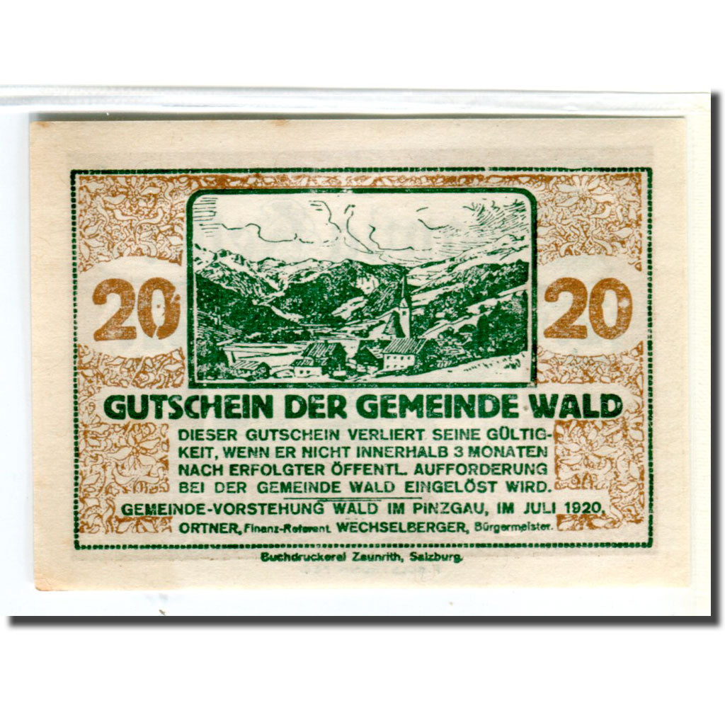 Banknote, Austria, Wald im Pinzgau Sbg. Gemeinde, 20 Heller, Batiment, 1920