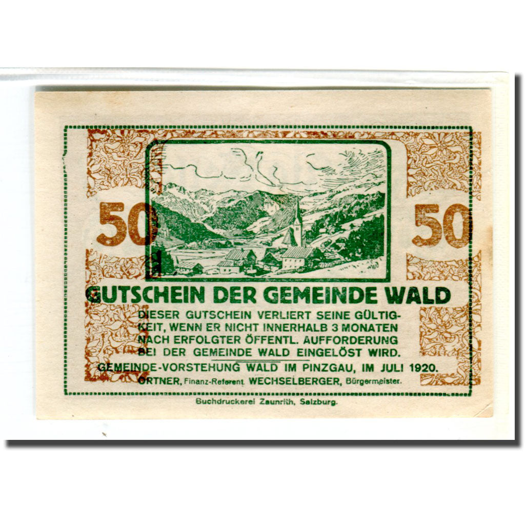 Banknote, Austria, Wald im Pinzgau Sbg. Gemeinde, 50 Heller, batiment 1, 1920