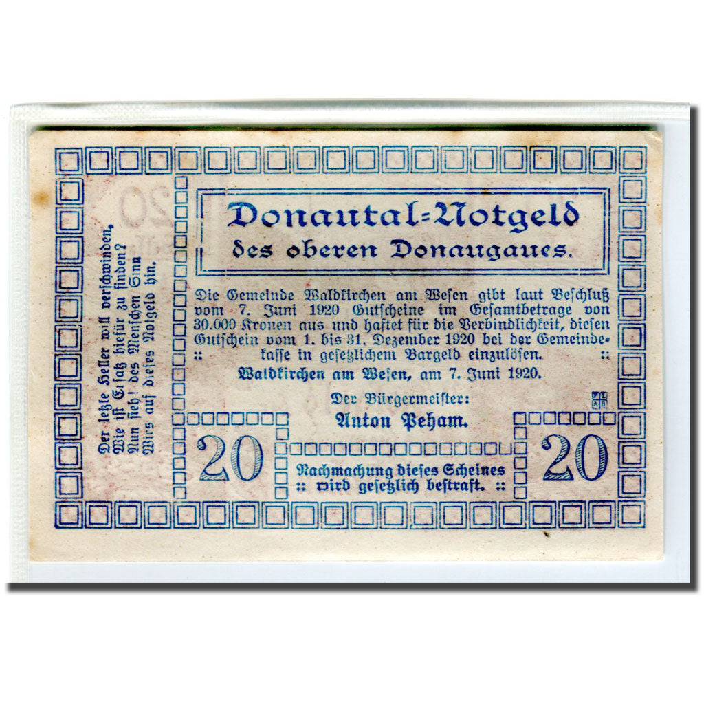 Banknote, Austria, Waldkirchen Am Wesen O.Ö. Gemeinde, 20 Heller, Texte, 1920