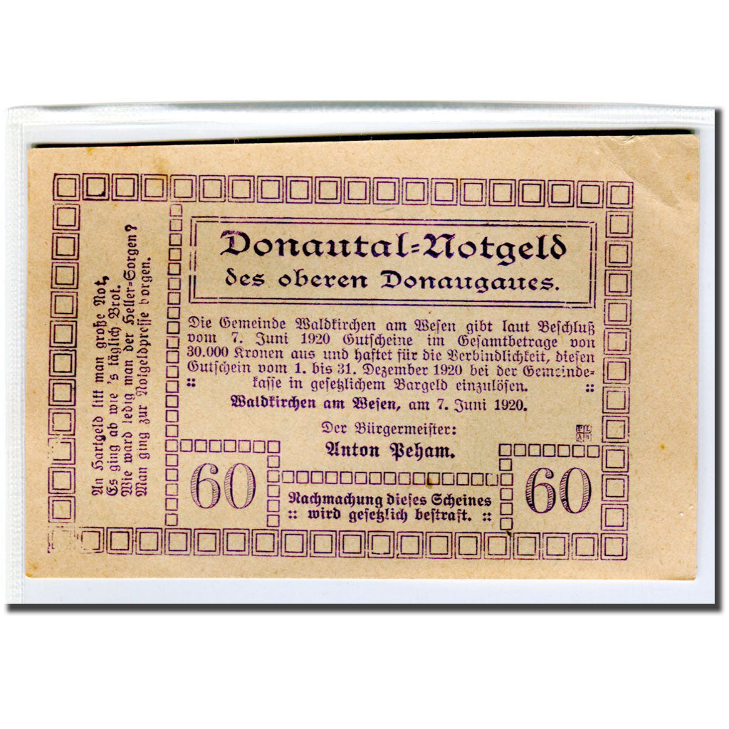Banknote, Austria, Waldkirchen Am Wesen O.Ö. Gemeinde, 60 Heller, texte 1