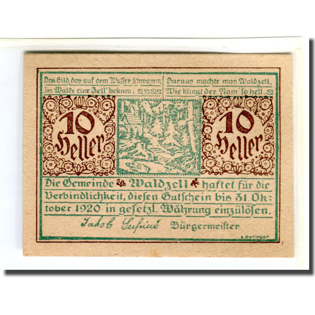 Banknote, Austria, Waldzell O.Ö. Gemeinde, 10 Heller, valeur faciale, 1920