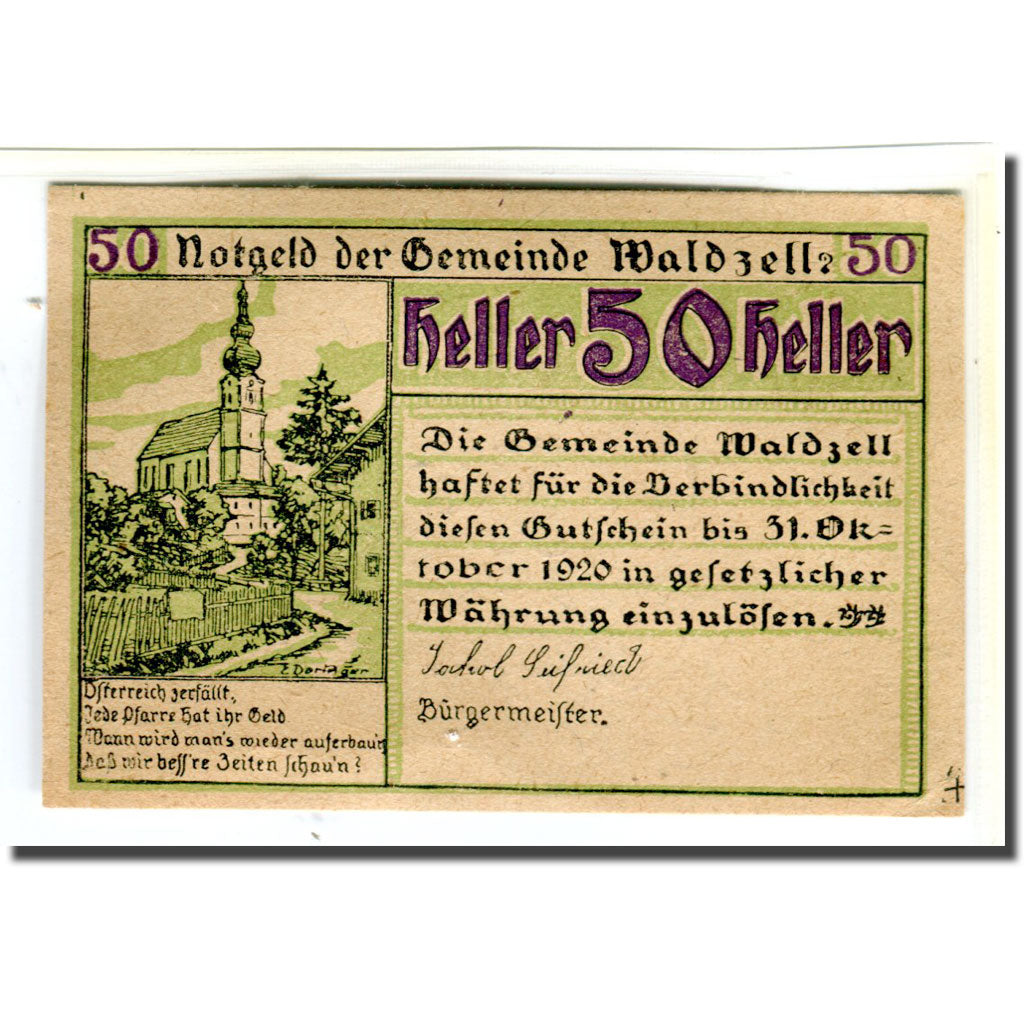 Banknote, Austria, Waldzell O.Ö. Gemeinde, 50 Heller, valeur faciale 2, 1920