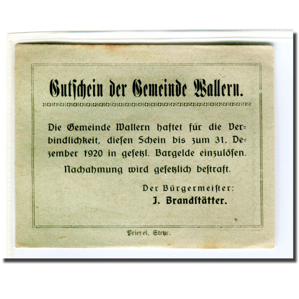 Banknote, Austria, Wallern O.Ö. Gemeinde, 50 Heller, Texte 2, 1920, UNC(63)