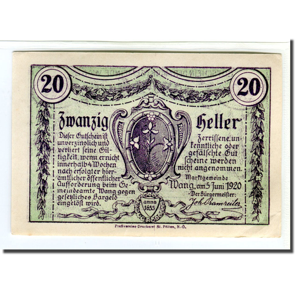 Banknote, Austria, Wang N.Ö. Marktgemeinde, 20 Heller, village, 1920