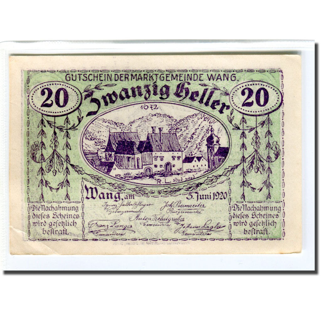 Banknote, Austria, Wang N.Ö. Marktgemeinde, 20 Heller, village, 1920