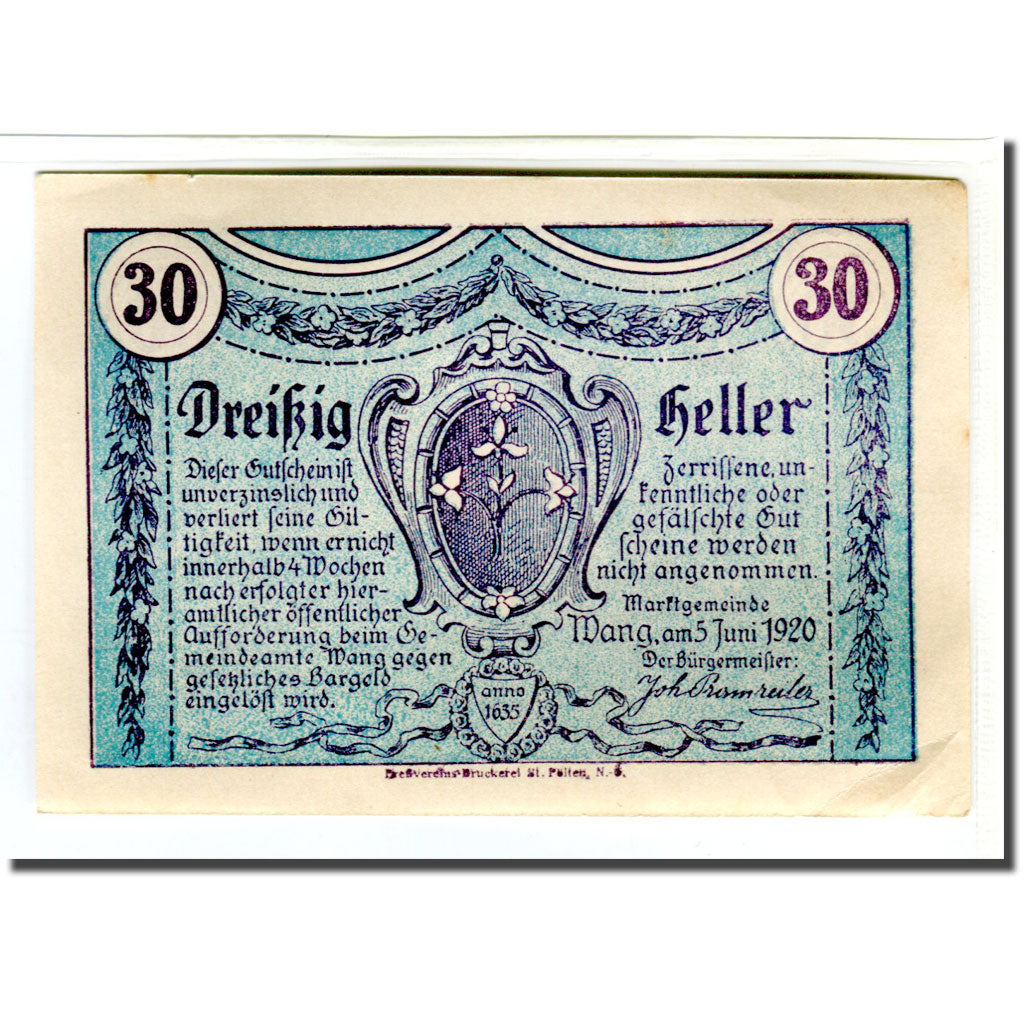 Nota, Áustria, Wang N.Ö. Marktgemeinde, 30 Heller, village 1, 1920