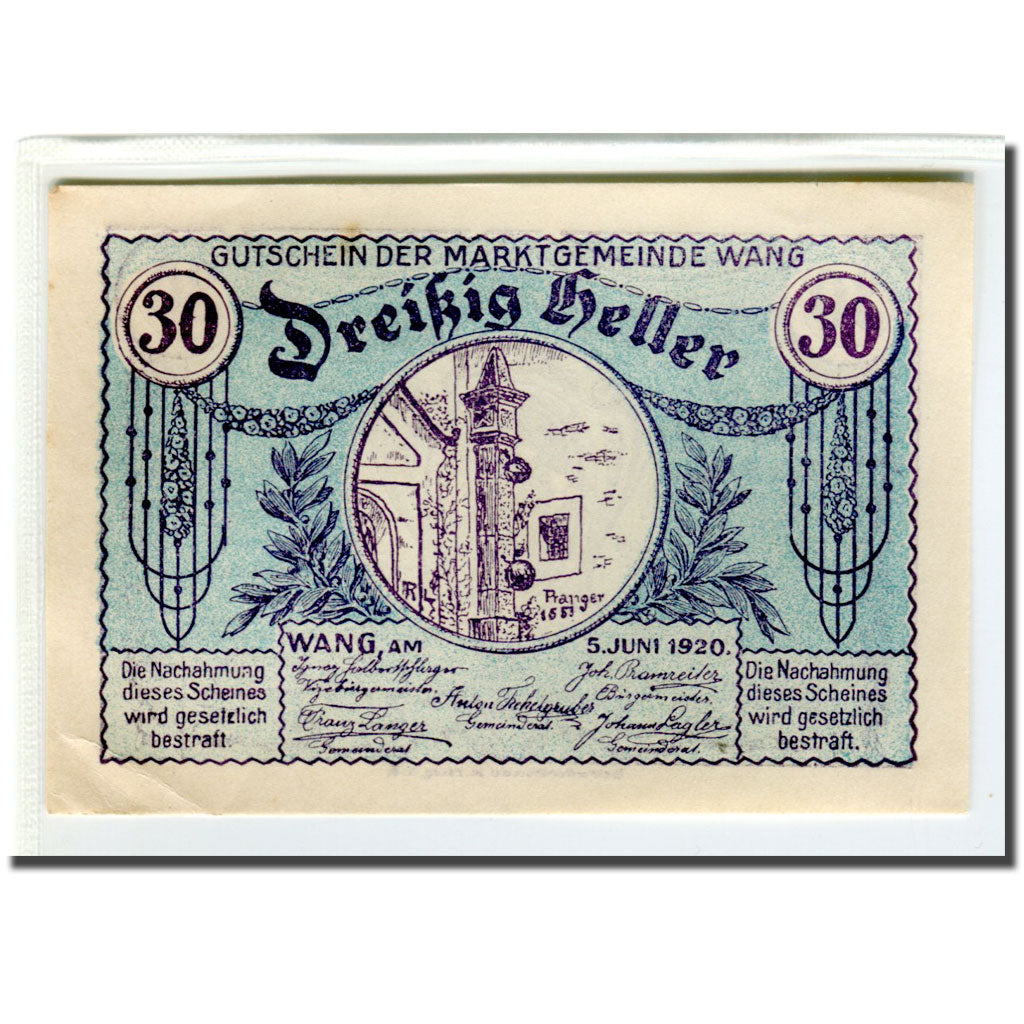 Nota, Áustria, Wang N.Ö. Marktgemeinde, 30 Heller, village 1, 1920