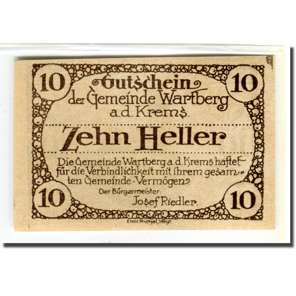 Banknote, Austria, Wartberg, 10 Heller, Batiment, 1921, UNC(63), Mehl:1141a
