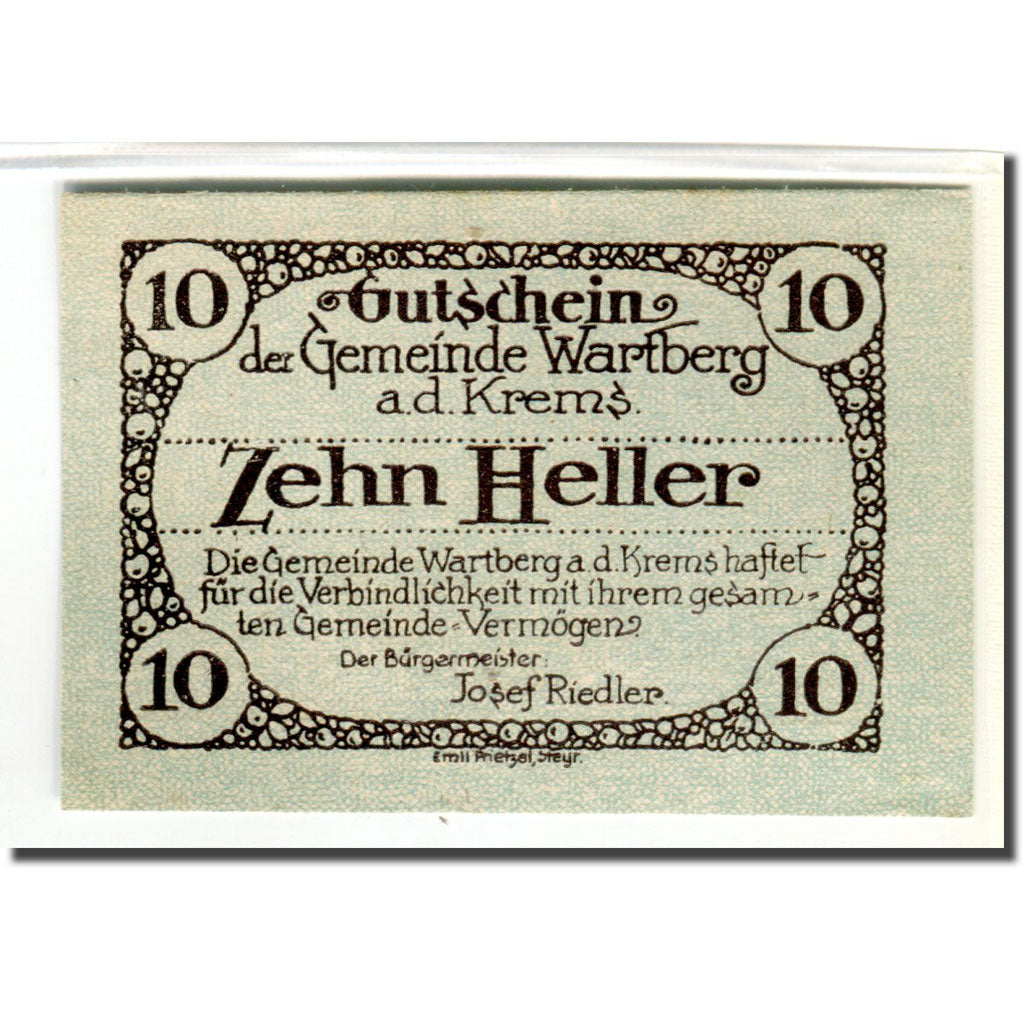 Banknote, Austria, Wartberg, 10 Heller, batiment 1, 1921, UNC(63), Mehl:1141a