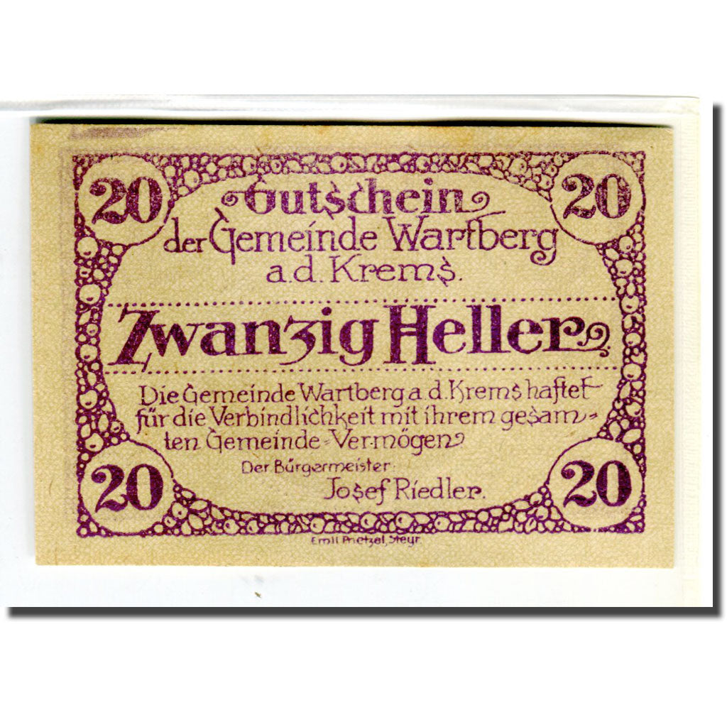 Banknote, Austria, Wartberg, 20 Heller, batiment 2, 1921, UNC(63), Mehl:1141a