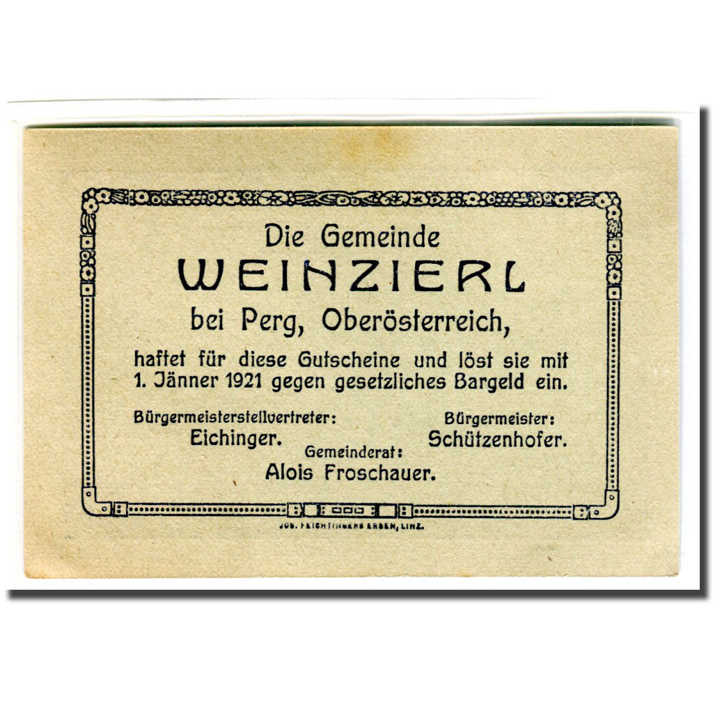 Banconote, Austria, Weinzierl bei Perg O.Ö. Gemeinde, 20 Heller, Texte, 1920