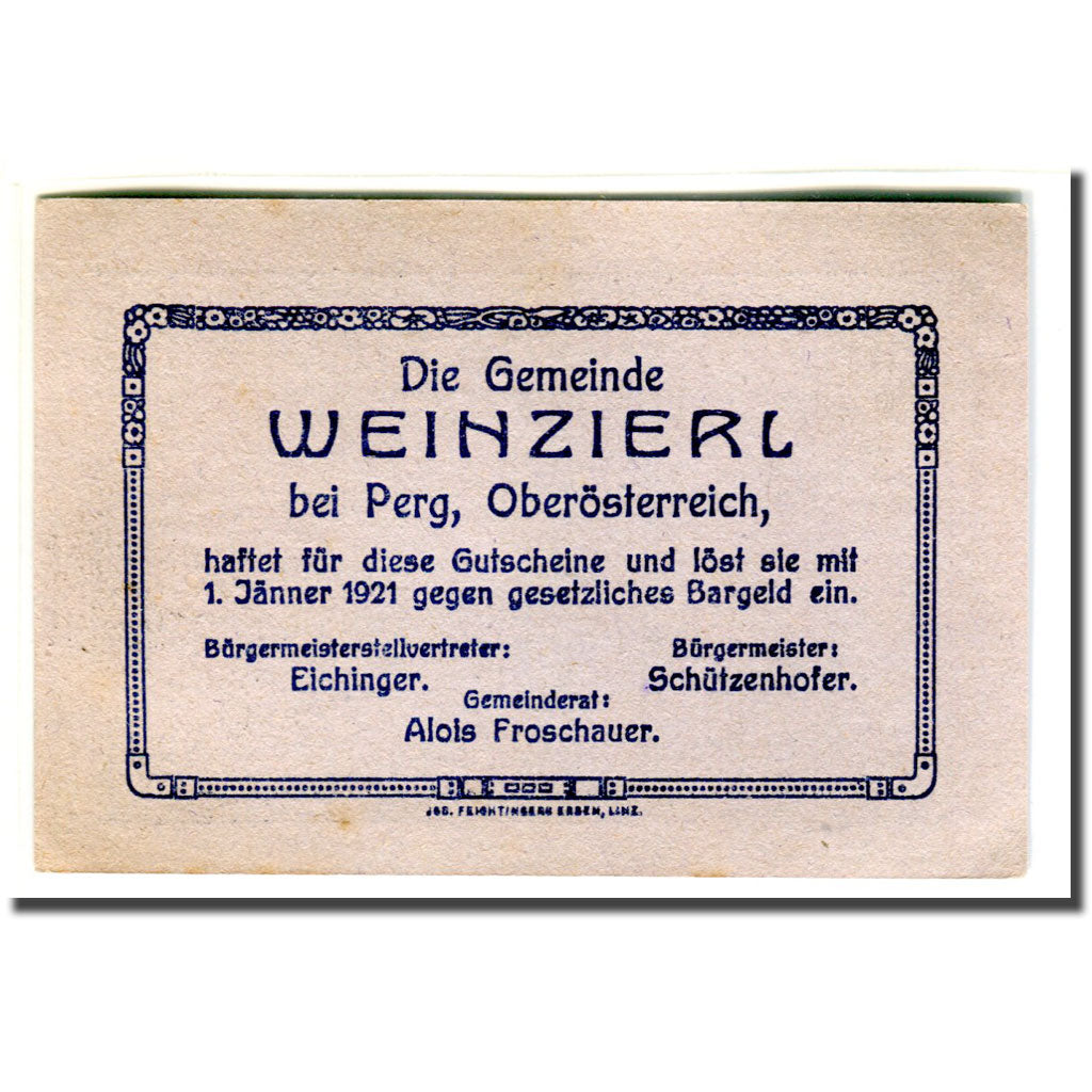 Banknote, Austria, Weinzierl bei Perg O.Ö. Gemeinde, 50 Heller, Texte 2, 1920