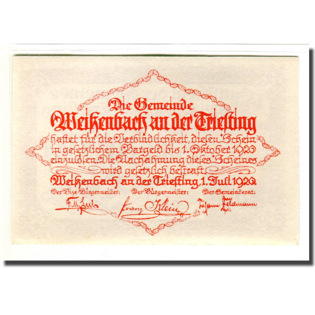 Banknote, Austria, Weissenbach, 50 Heller, texte 1, 1920, 1920-07-01, UNC(63)
