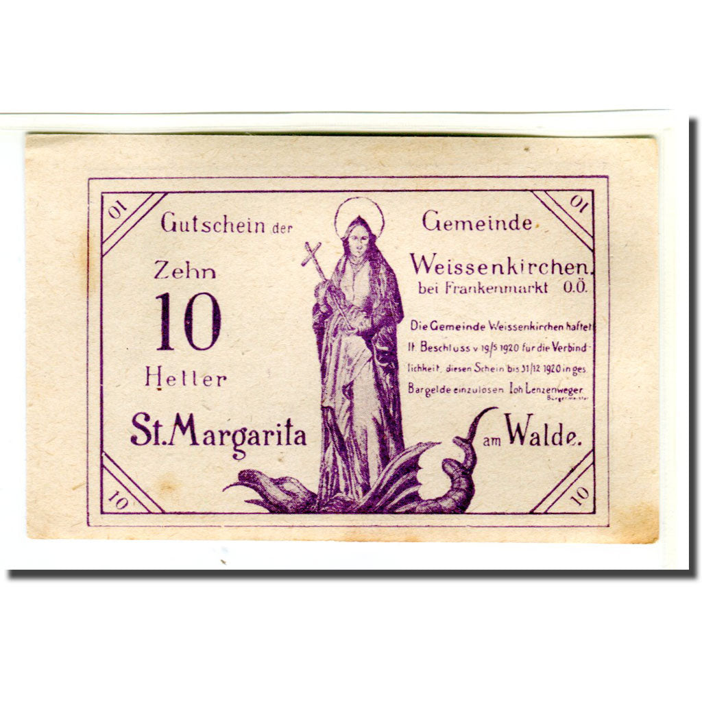 Nota, Áustria, Weissenkirchen bei Frankenmarkt O.Ö. Gemeinde, 10 Heller