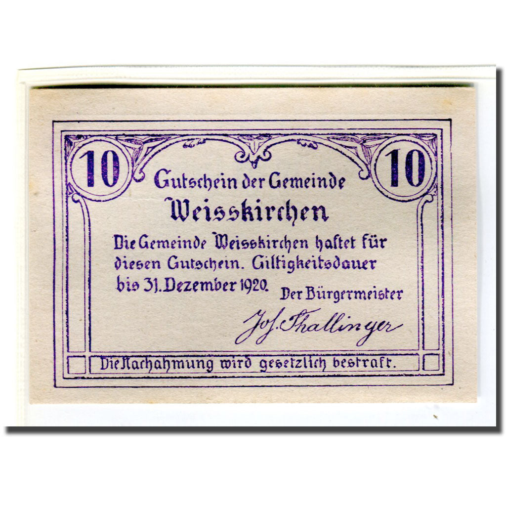 Banknote, Austria, Weisskirchen O.Ö. Gemeinde, 10 Heller, Texte, 1920, UNC(63)
