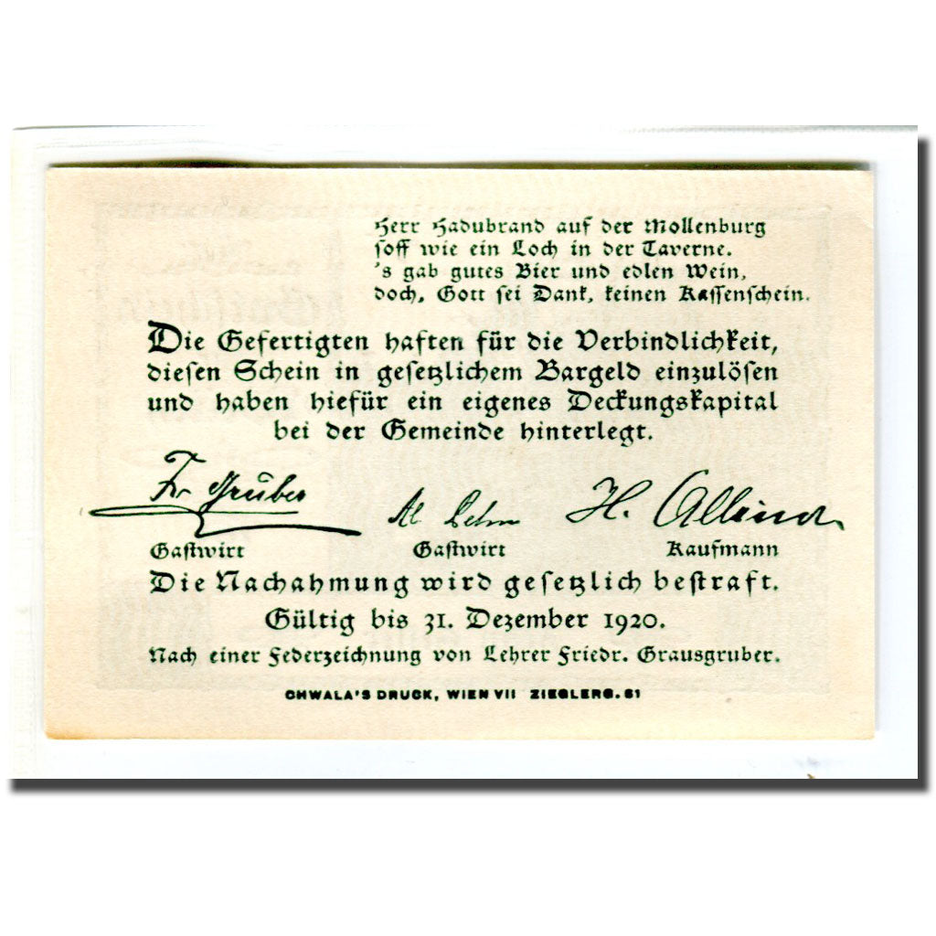 Banknote, Austria, Weiten N.Ö. Prv. Fr. Gruber, Gastwirt, Al. Lehner, Gastwirt