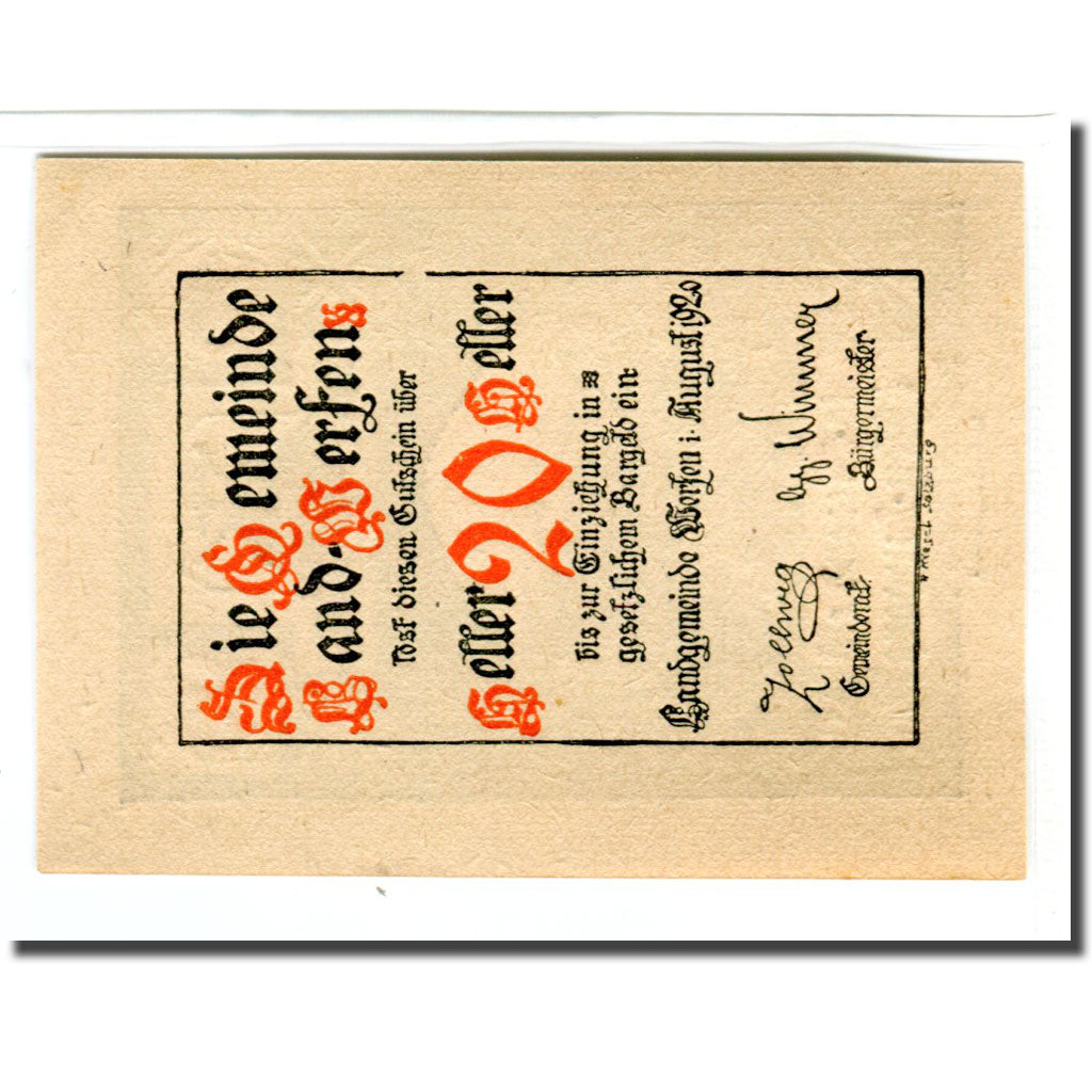 Banknote, Austria, Werfen, 20 Heller, paysage 1, 1920, UNC(63), Mehl:1172