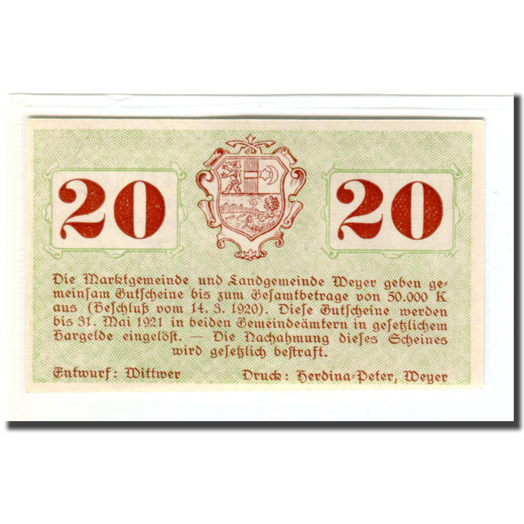 Banknote, Austria, Weyer, 20 Heller, texte 1, 1920, 1920-03-14, UNC(63)