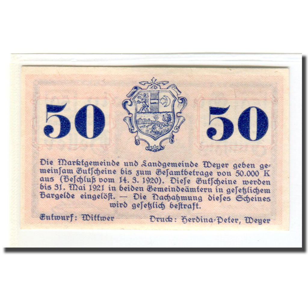 Banknote, Austria, Weyer, 50 Heller, Texte 2, 1920, 1920-03-14, UNC(63)