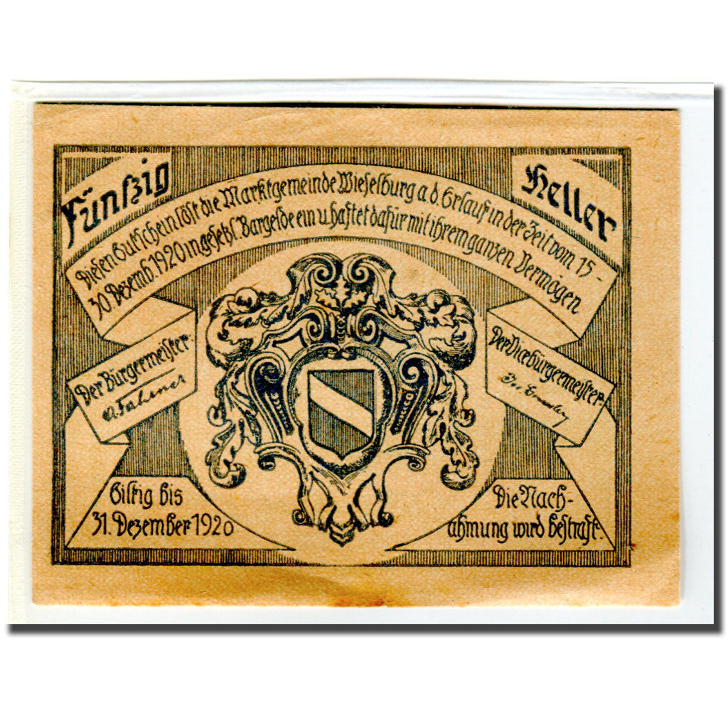 Banknote, Austria, Wieselburg an der Erlauf N.Ö. Marktgemeinde, 50 Heller