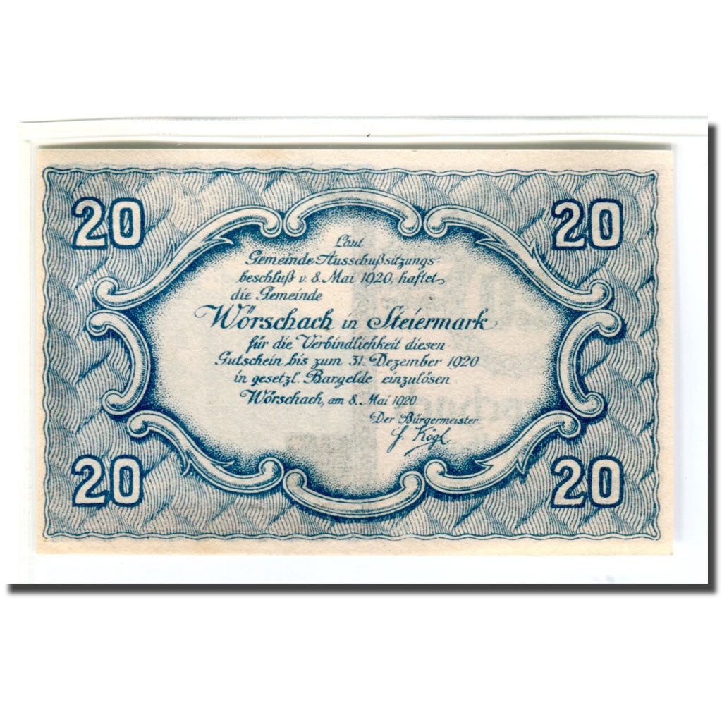 Biljet, Oostenrijk, Wörschach Stmk. Gemeinde, 20 Heller, Texte, 1920