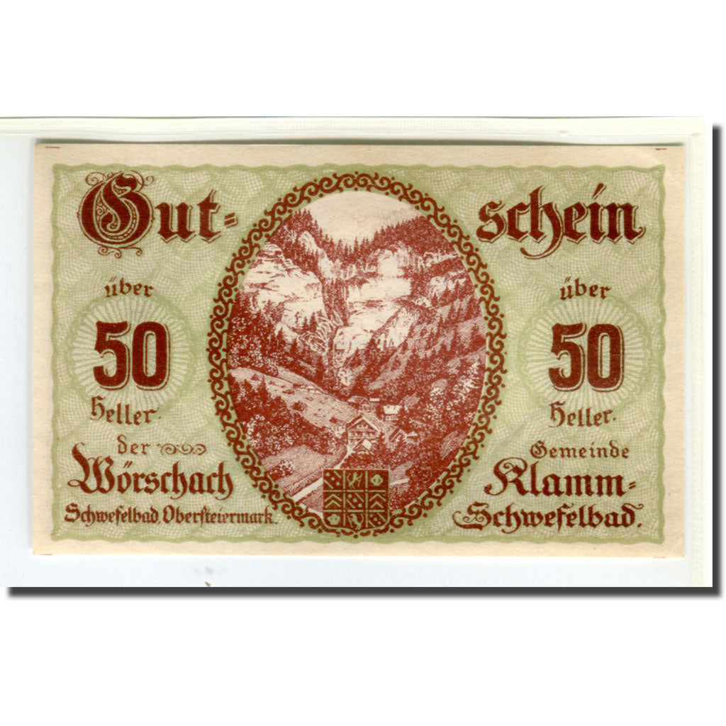 Nota, Áustria, Wörschach Stmk. Gemeinde, 50 Heller, texte 1, 1920, 1920-05-08