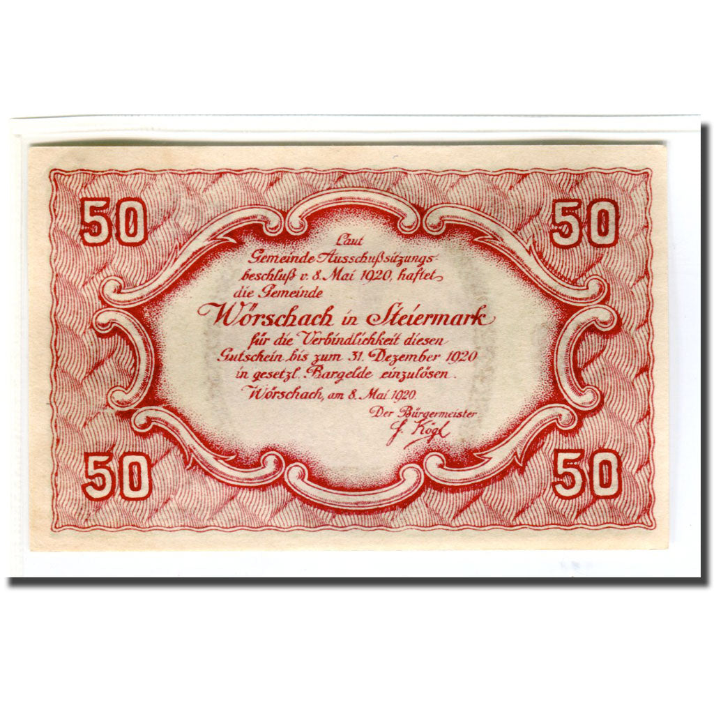 Nota, Áustria, Wörschach Stmk. Gemeinde, 50 Heller, texte 1, 1920, 1920-05-08