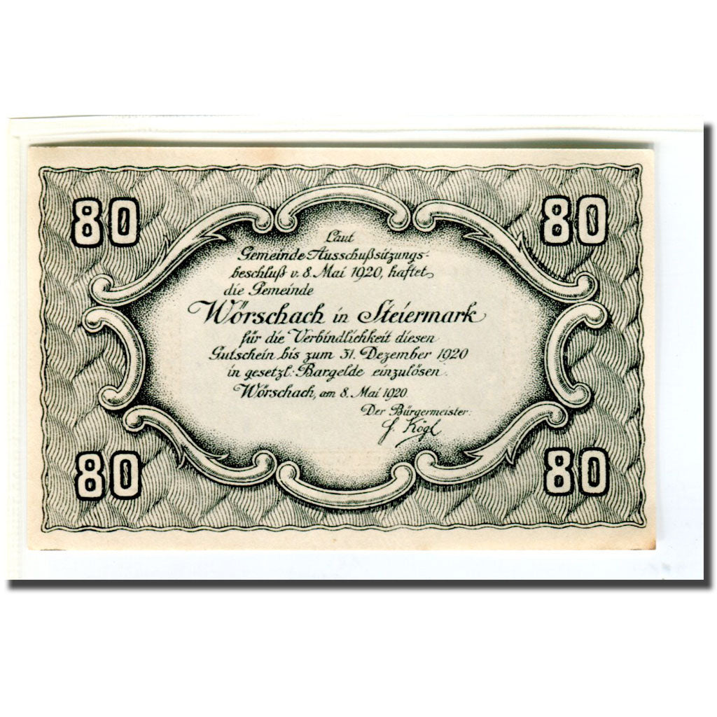 Biljet, Oostenrijk, Wörschach Stmk. Gemeinde, 80 Heller, Texte 2, 1920