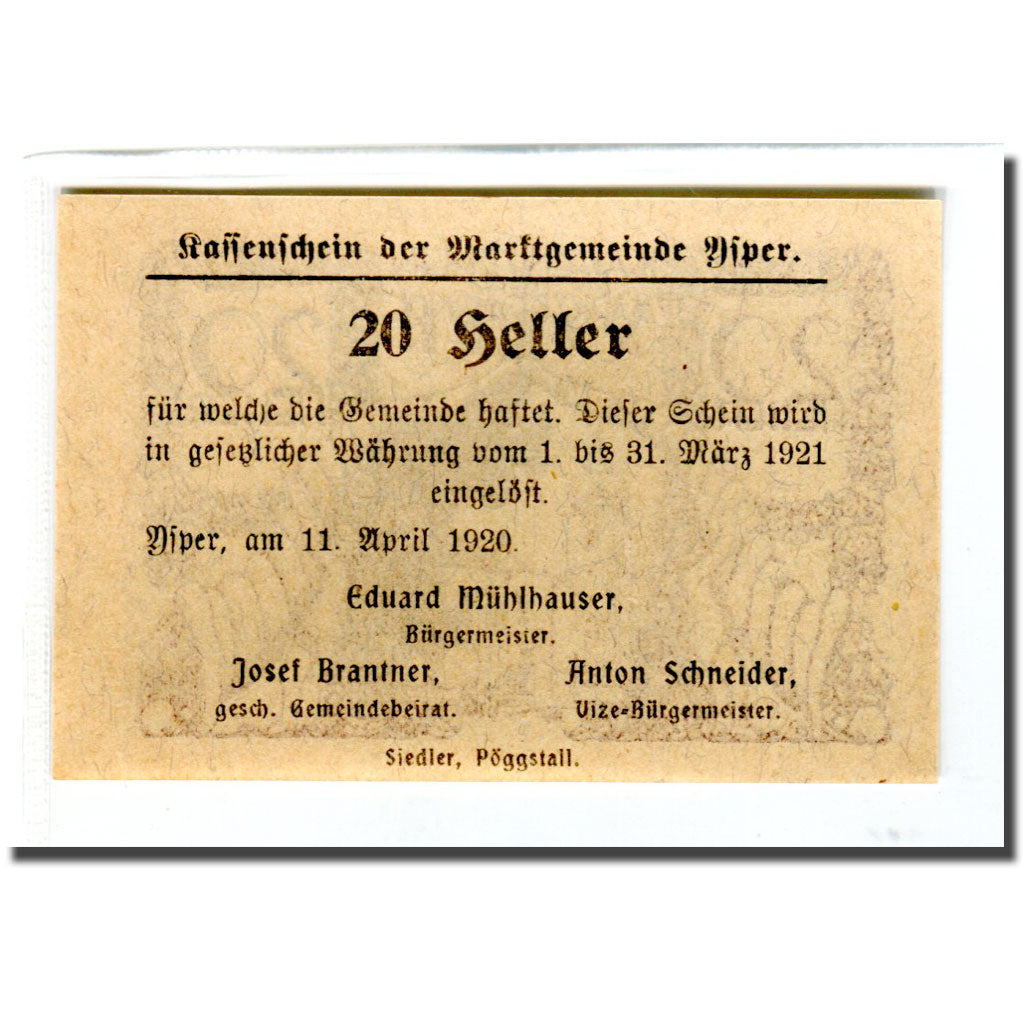 Banknote, Austria, Ysper, 20 Heller, texte 1, 1920, 1920-04-11, UNC(63)