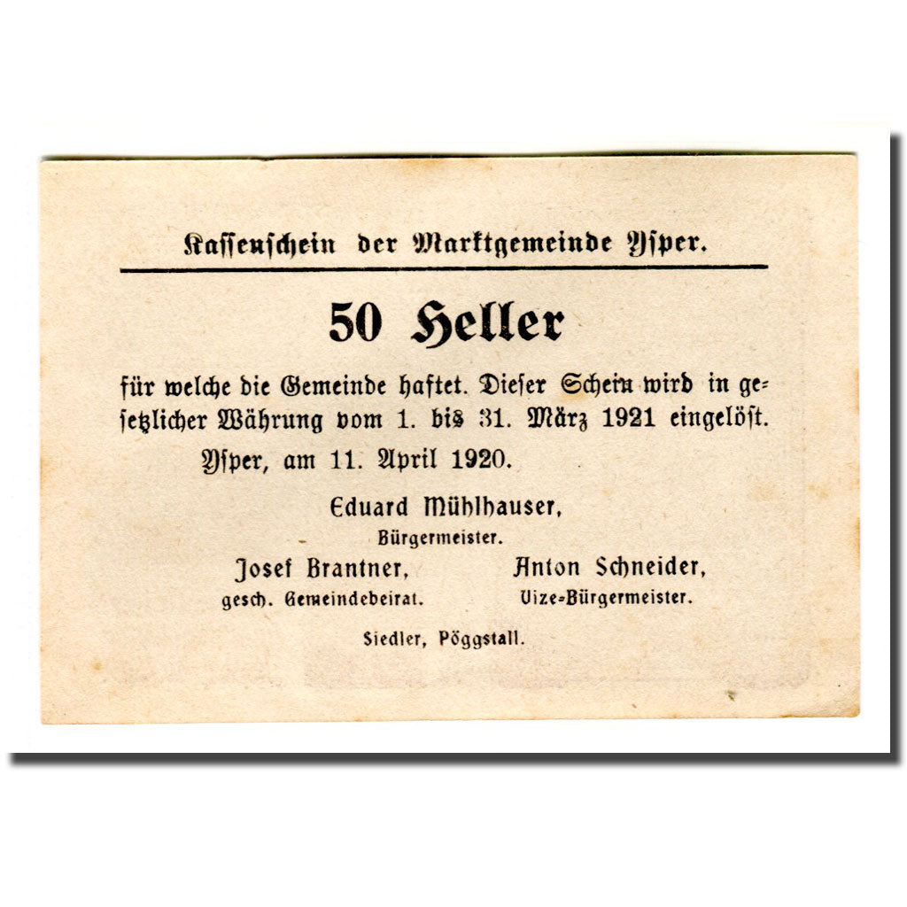 Banknote, Austria, Ysper, 50 Heller, Texte 2, 1920, 1920-04-11, UNC(63)