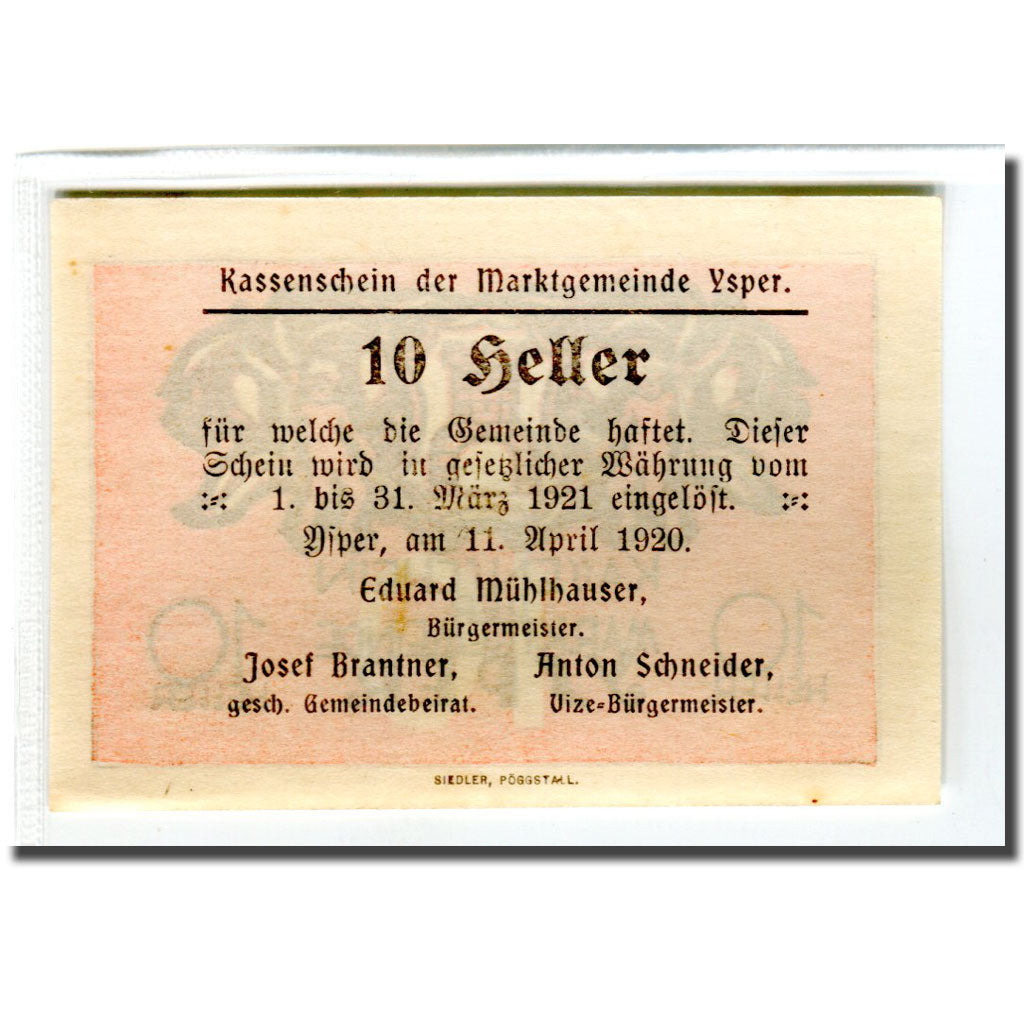 Banknote, Austria, Ysper, 10 Heller, Texte 3, 1920, 1920-04-11, UNC(63)