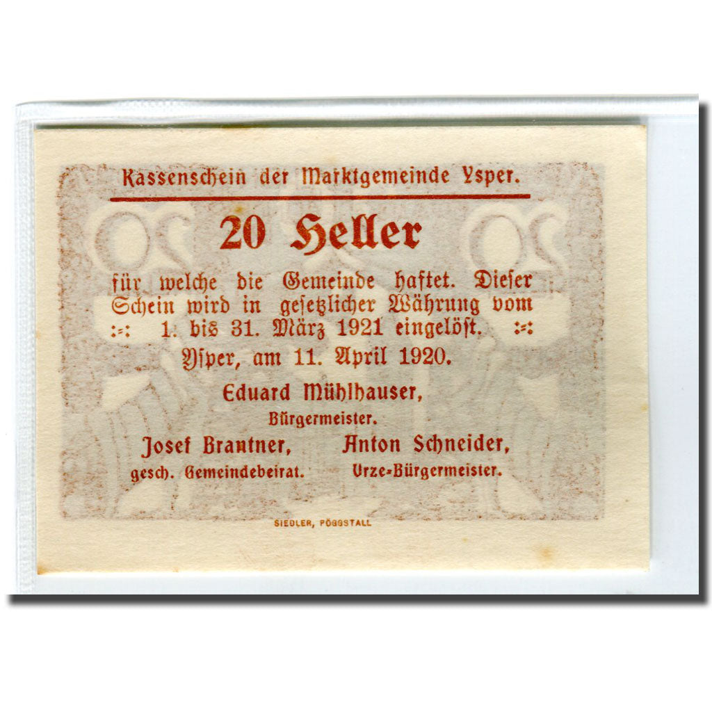 Banknote, Austria, Ysper, 20 Heller, Texte 4, 1920, 1920-04-11, UNC(63)