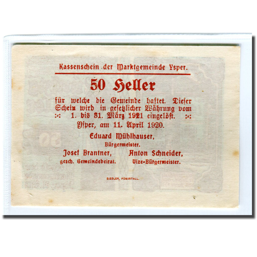 Banknote, Austria, Ysper, 50 Heller, Texte  5, 1920, 1920-04-11, UNC(63)