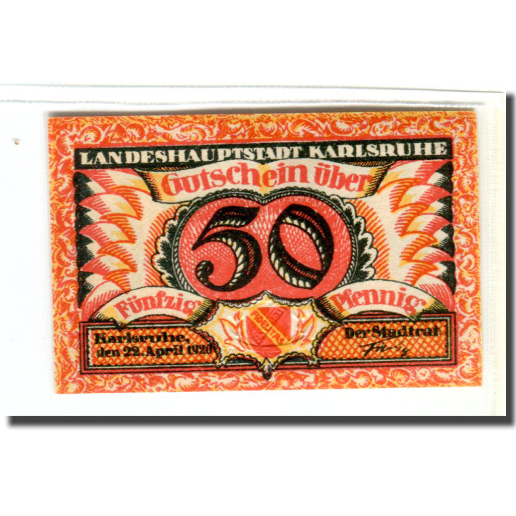 Banknote, Germany, Karlsruhe, 50 Pfennig, Batiment, 1920, 1920-04-22, UNC(63)