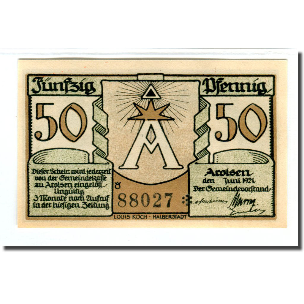 Banknot, Niemcy, Arolsen, 50 Pfennig, Monument, 1921, Undated, UNC(63)