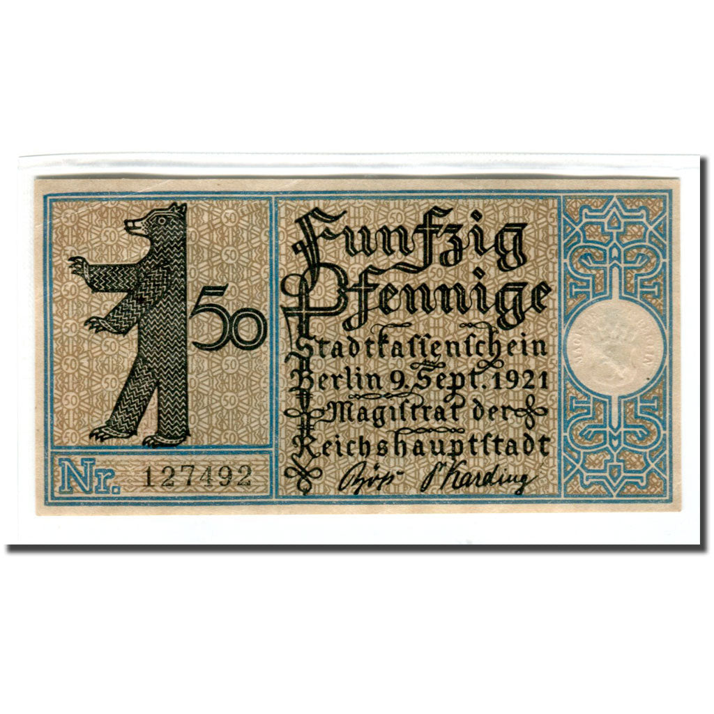 Banknot, Niemcy, Berlin Stadt, 50 Pfennig, ours, 1921, 1921-09-09, UNC(63)