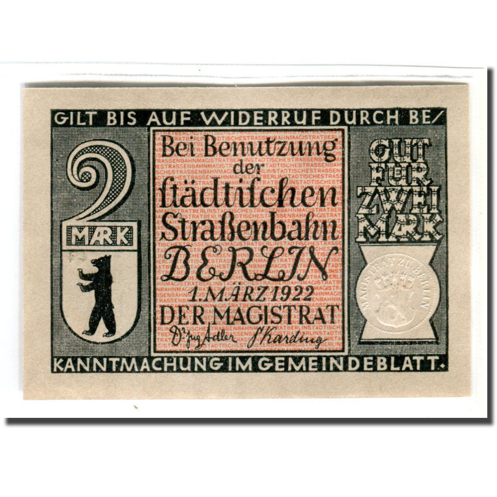 Banconote, Germania, Berlin Stadt, 2 Mark, Tramway 1, 1922, 1922-03-01, SPL