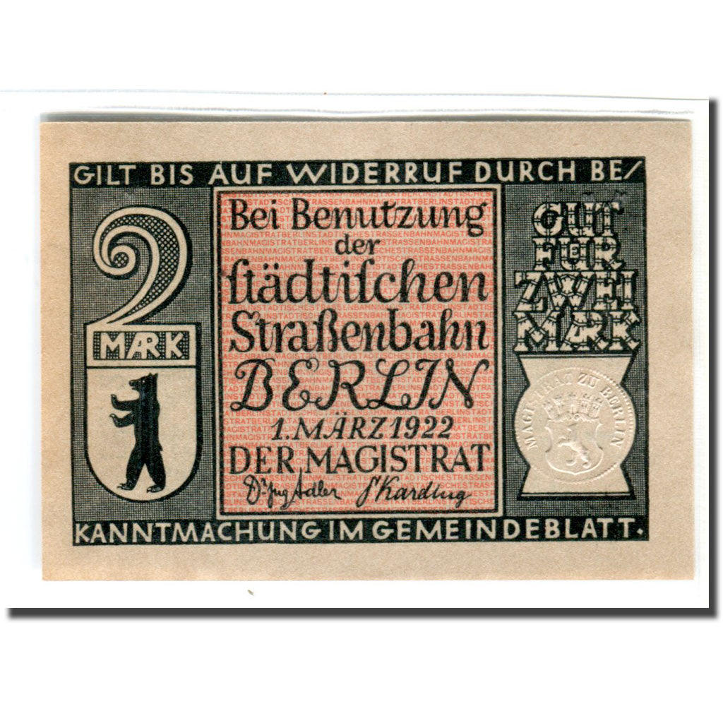 Banknot, Niemcy, Berlin Stadt, 2 Mark, Ville, 1922, 1922-03-01, UNC(63)