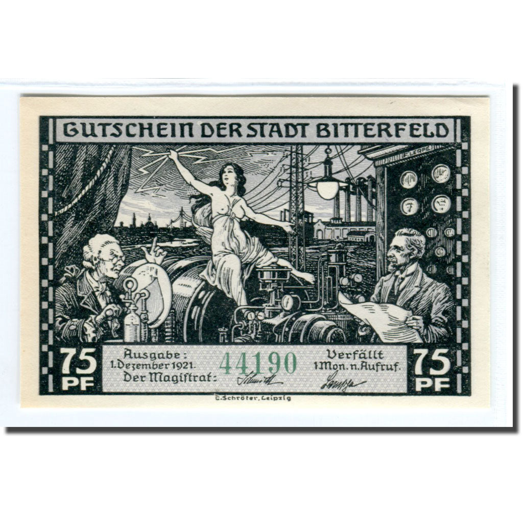 Nota, Alemanha, Bitterfeld Stadt, 75 Pfennig, chemin de fer, 1921, 1921-12-01