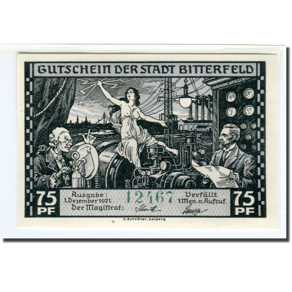 Banconote, Germania, Bitterfeld Stadt, 75 Pfennig, train, 1921, 1921-12-01, SPL