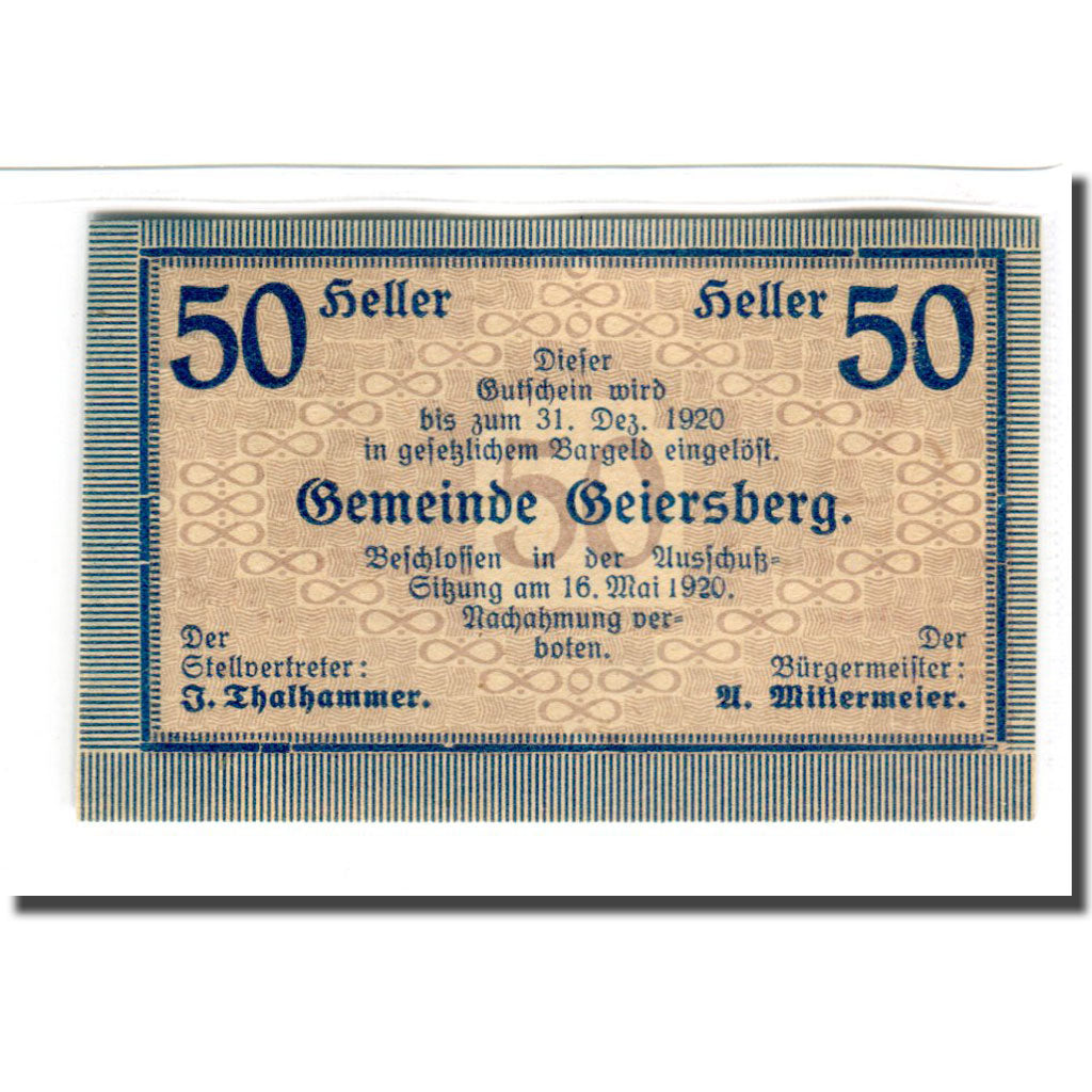 Billete, Austria, Geiersberg, 50 Heller, valeur faciale, 1920, 1920-05-16, SC