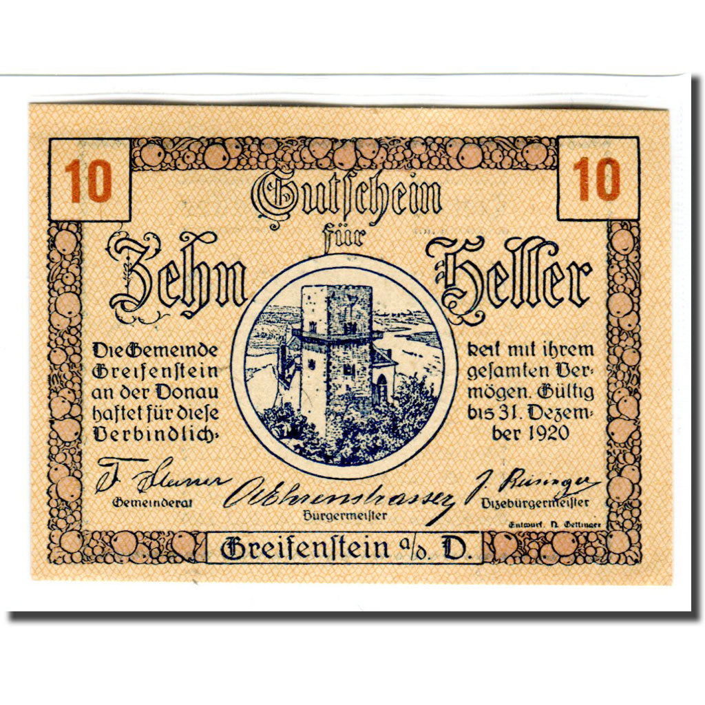 Banknote, Austria, Greifenstein N.Ö. Gemeinde, 10 Heller, Texte, 1920