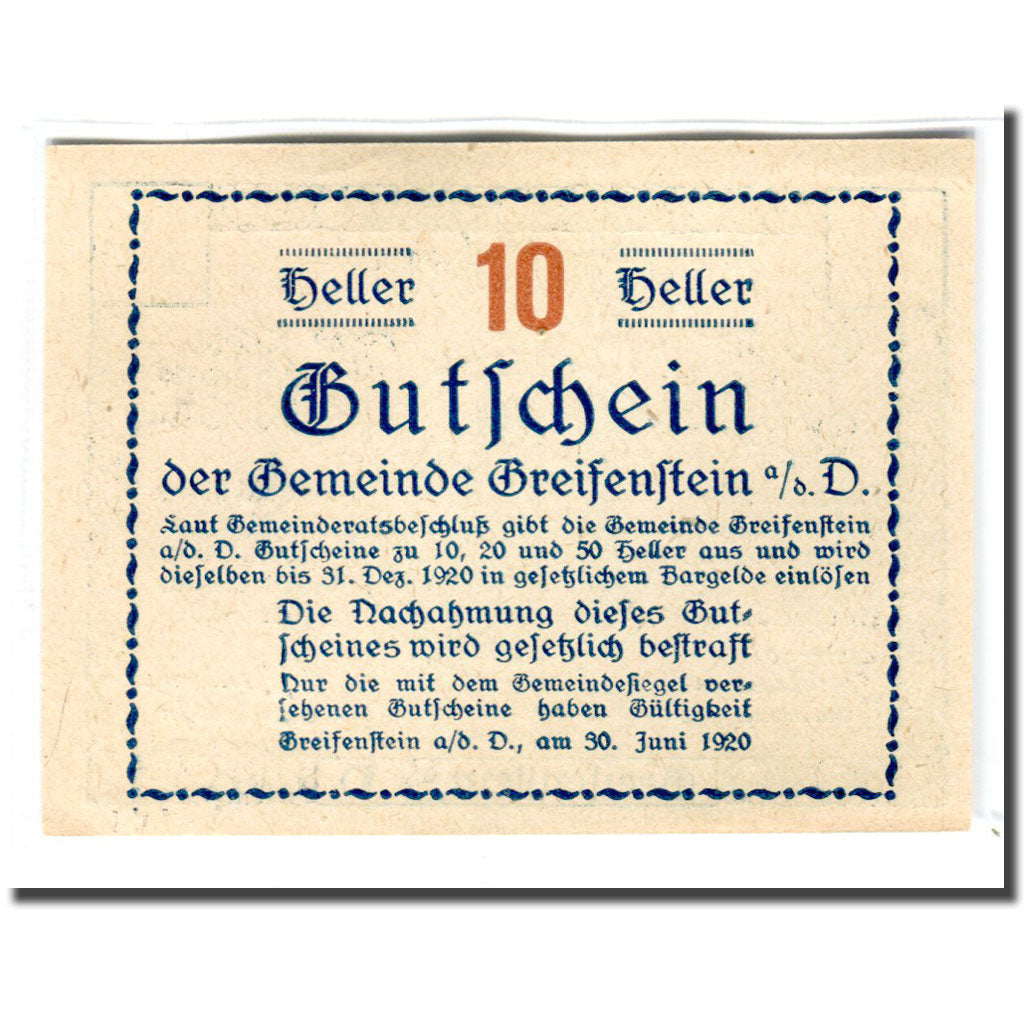 Banknote, Austria, Greifenstein N.Ö. Gemeinde, 10 Heller, Texte, 1920