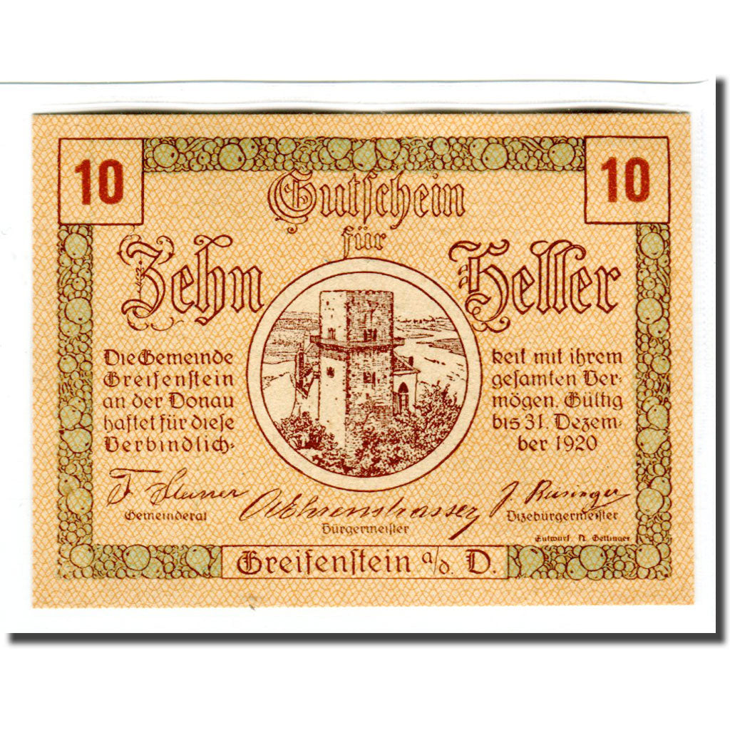 Banknot, Austria, Greifenstein N.Ö. Gemeinde, 10 Heller, texte 1, 1920