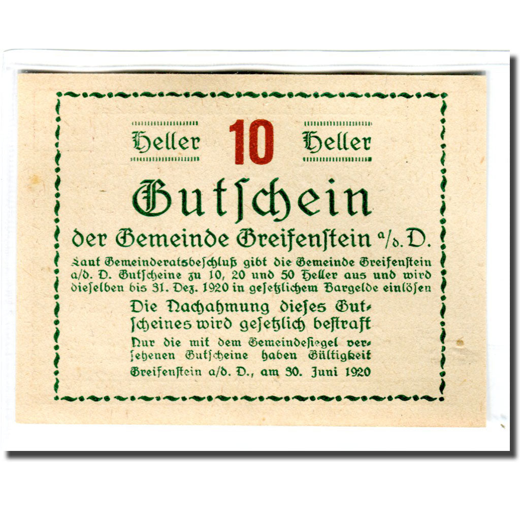 Banknot, Austria, Greifenstein N.Ö. Gemeinde, 10 Heller, texte 1, 1920