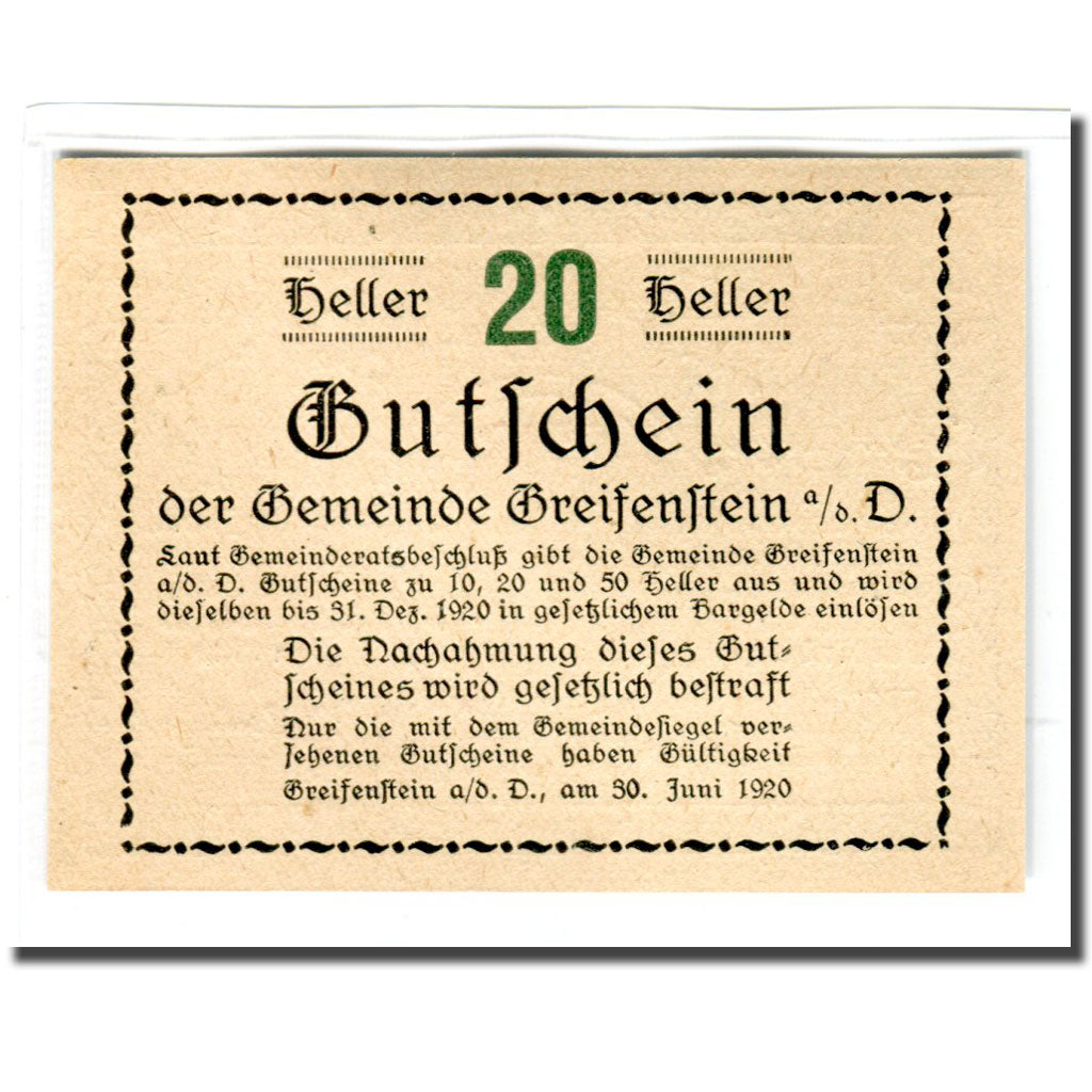 Banknote, Austria, Greifenstein N.Ö. Gemeinde, 20 Heller, Texte 2, 1920