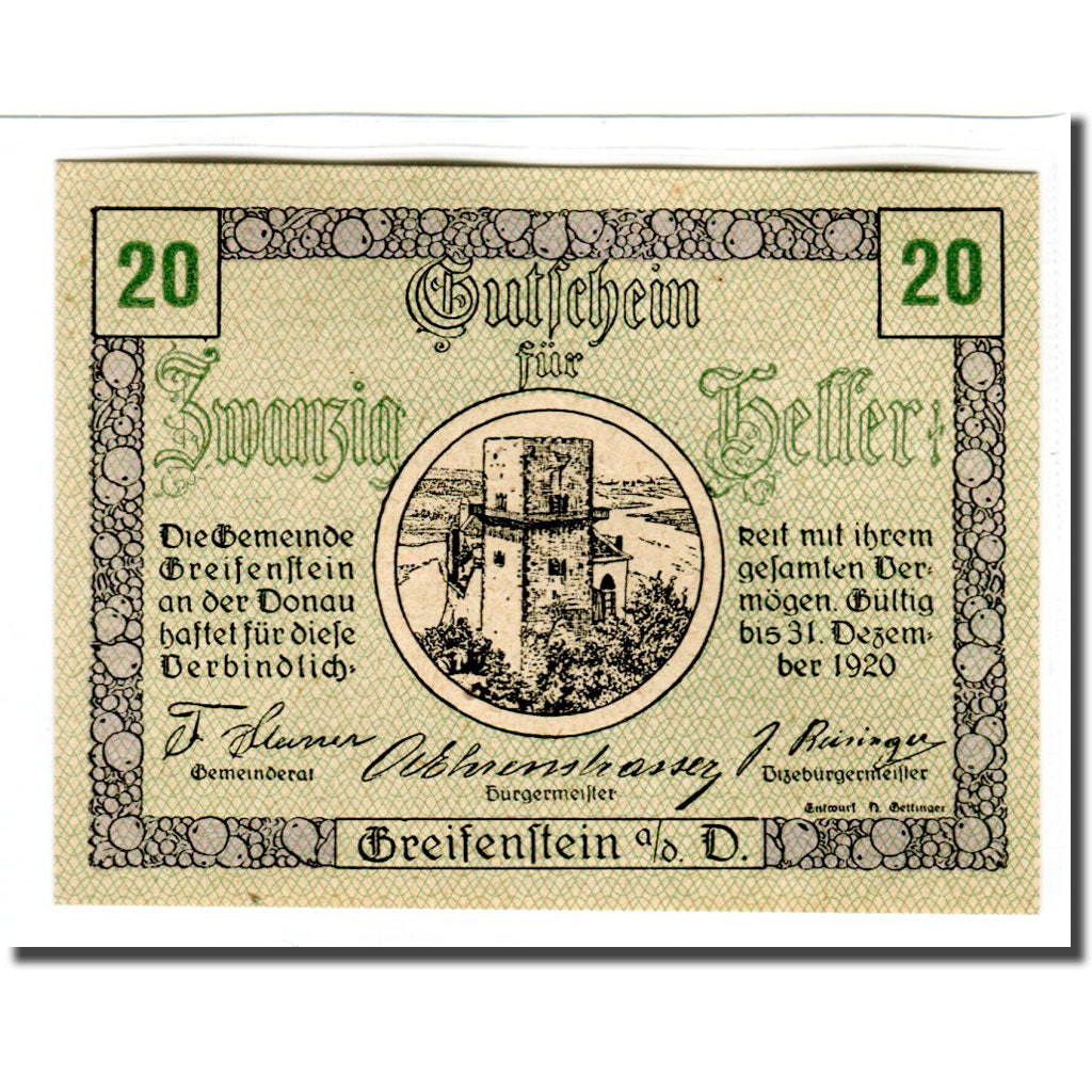 Banknote, Austria, Greifenstein N.Ö. Gemeinde, 20 Heller, Texte 3, 1920