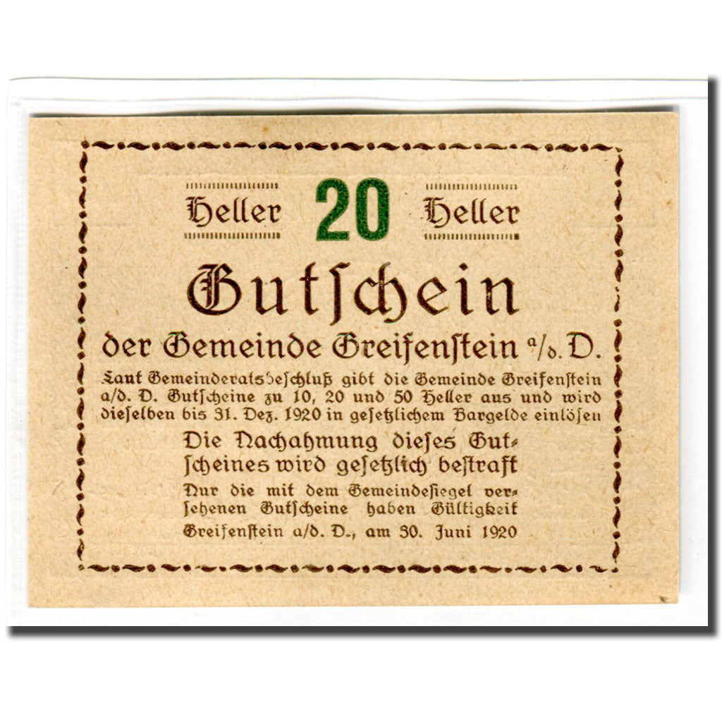 Banknote, Austria, Greifenstein N.Ö. Gemeinde, 20 Heller, Texte 3, 1920