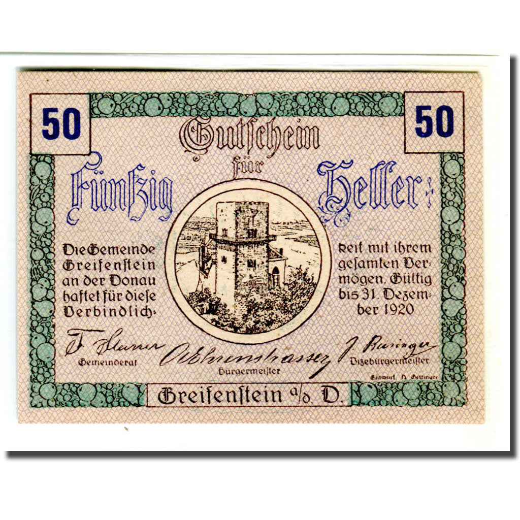 Banknote, Austria, Greifenstein N.Ö. Gemeinde, 50 Heller, Texte 4, 1920