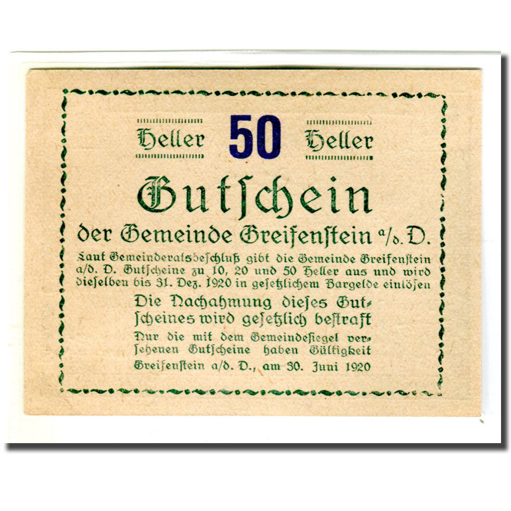 Banknote, Austria, Greifenstein N.Ö. Gemeinde, 50 Heller, Texte 4, 1920